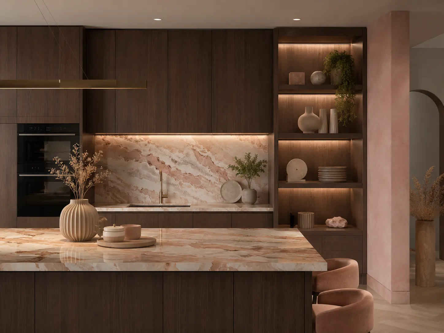 Cuisine bois foncé avec plan en marbre rosé